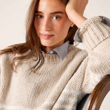 Taupe and white seacoast stripe knit sweater.