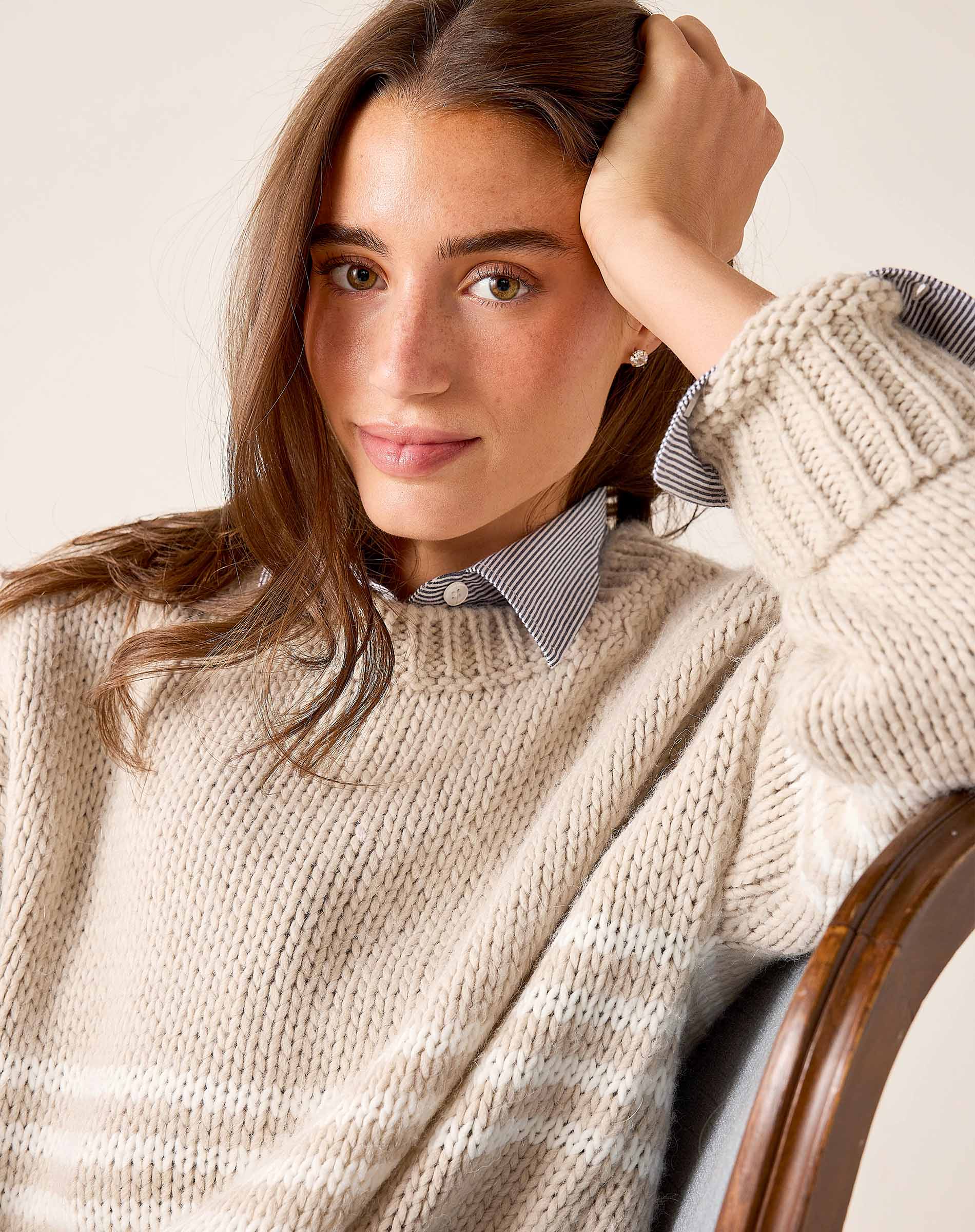 Taupe and white seacoast stripe knit sweater.