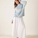 Soft sky white knit sweater with horizontal stripes and a ribbed hem.