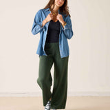 Deep emerald knit wide-leg pants with a high waist and flared leg.