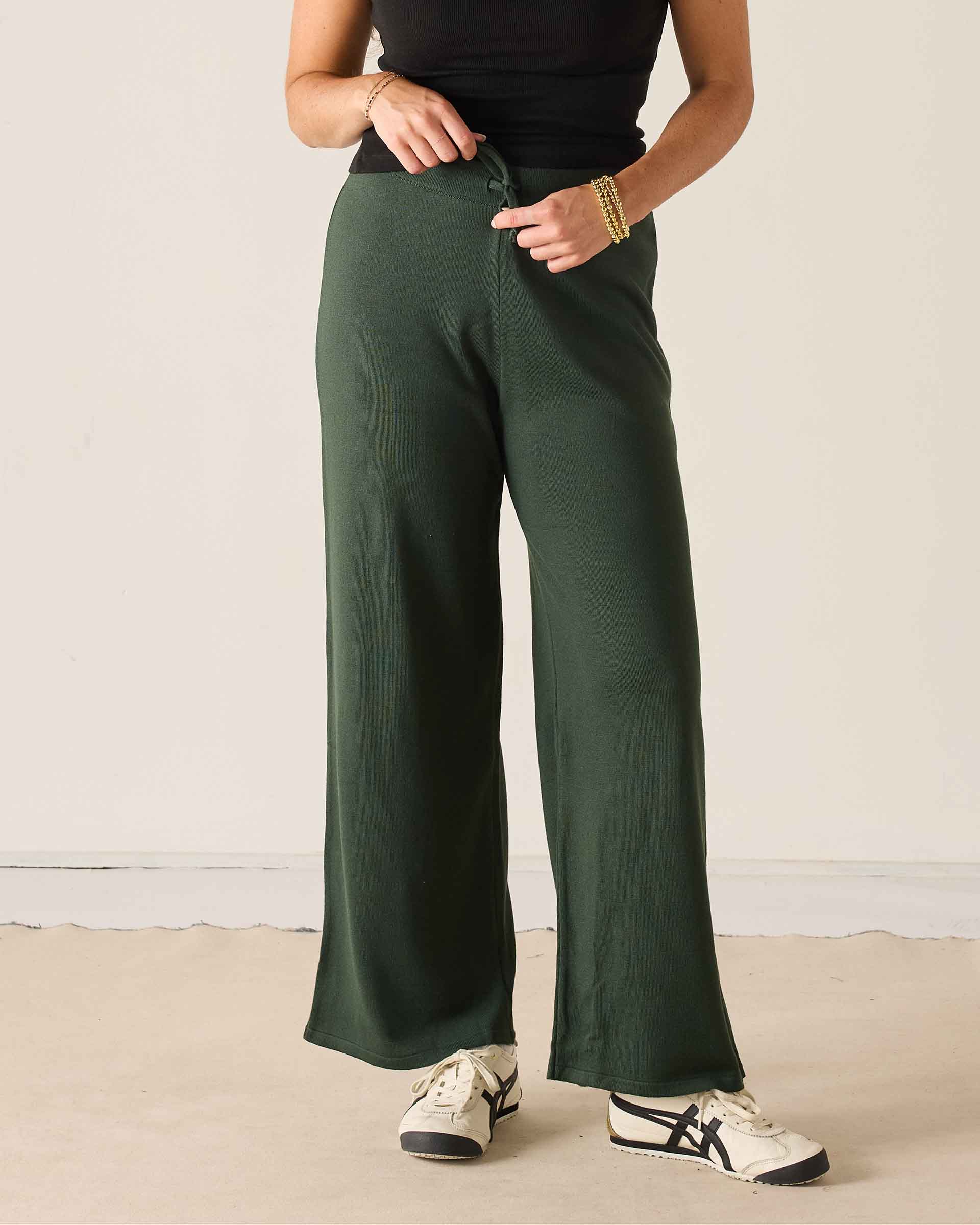 Deep emerald knit pant in a wide-leg fit.