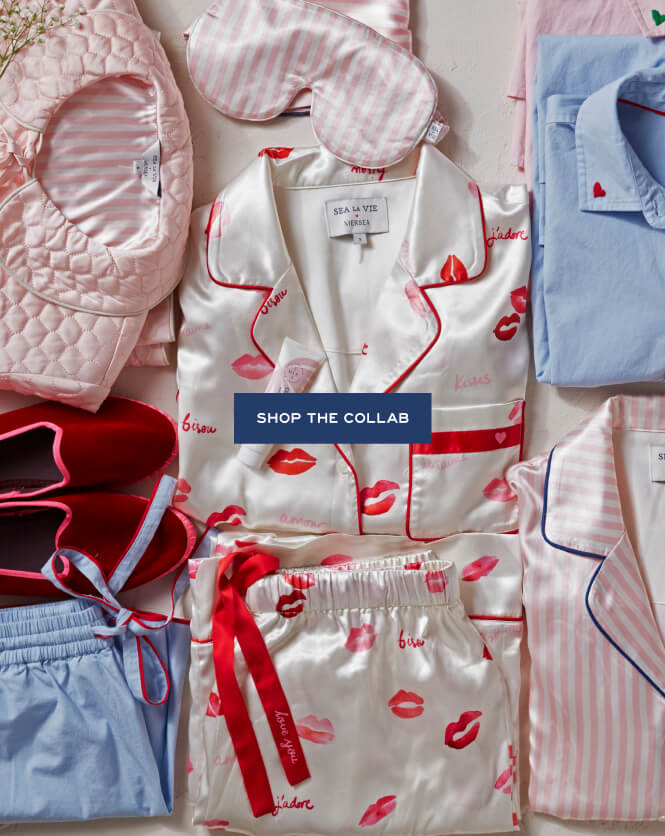 Collaborative fashion items including pajamas, shirts, and accessories on a white background with 'Shop the Collab' text.