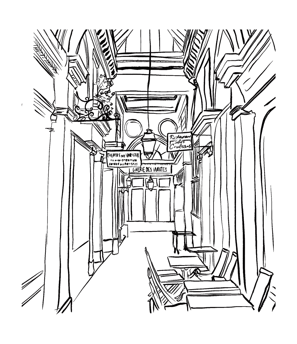Line drawing of a narrow alleyway with architectural details