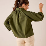Hazel green relaxed-fit button-down cotton shirt with gathered sleeves and back yoke detail