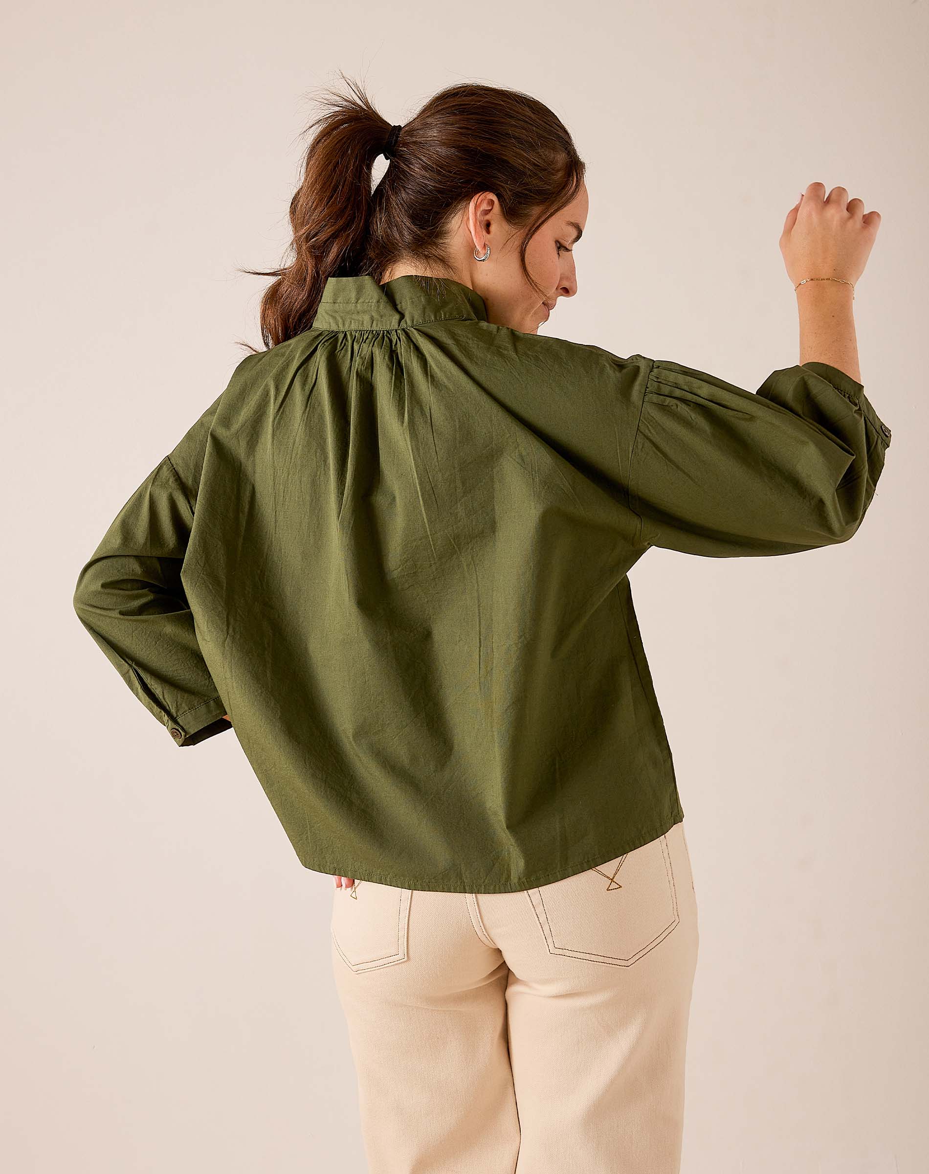 Hazel green relaxed-fit button-down cotton shirt with gathered sleeves and back yoke detail
