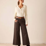 Ladies' travel-ready espresso brown wide-leg pants in a woven fabric with an elastic back and belt loops.