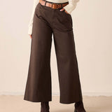 Espresso brown wide-leg woven cotton pants with a belt.
