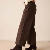 Espresso brown wide-leg trousers in a smooth woven fabric with front pockets.
