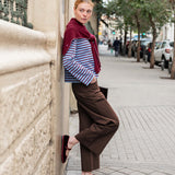 Espresso brown relaxed fit cotton trousers featuring a wide leg and high waist.