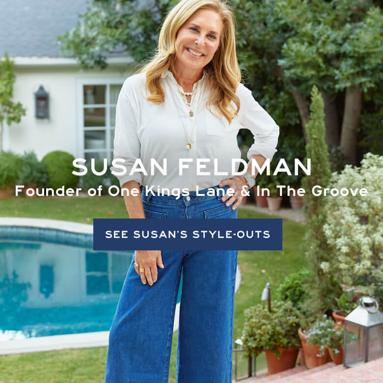 Susan Feldman Founder of One Kind Lane & In The Groove - CTA button "See Susan's Style Outs" displaying three separate images of Susan wearing our jeans in different outdoor environments