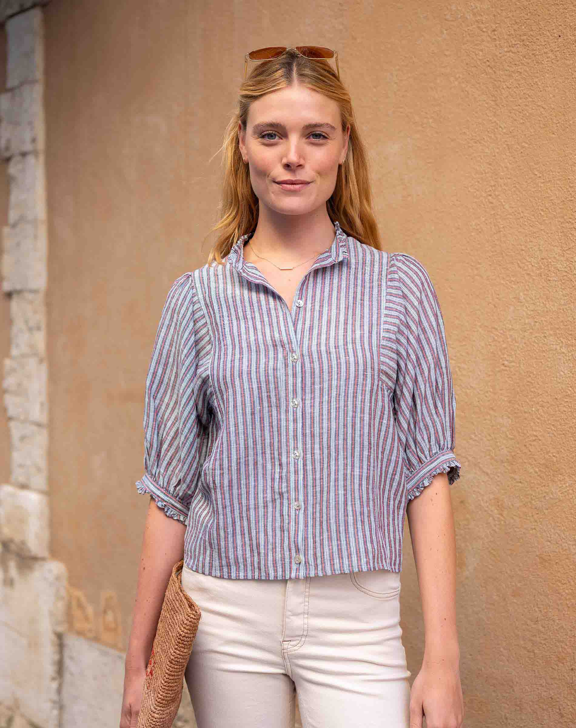 Gemma Ruffle Neck Blouse Voyageur by Mersea | Lightweight Layer