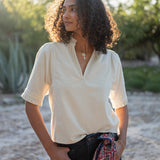 Women's Off White Baby Cord Vneck Short Sleeve Top
