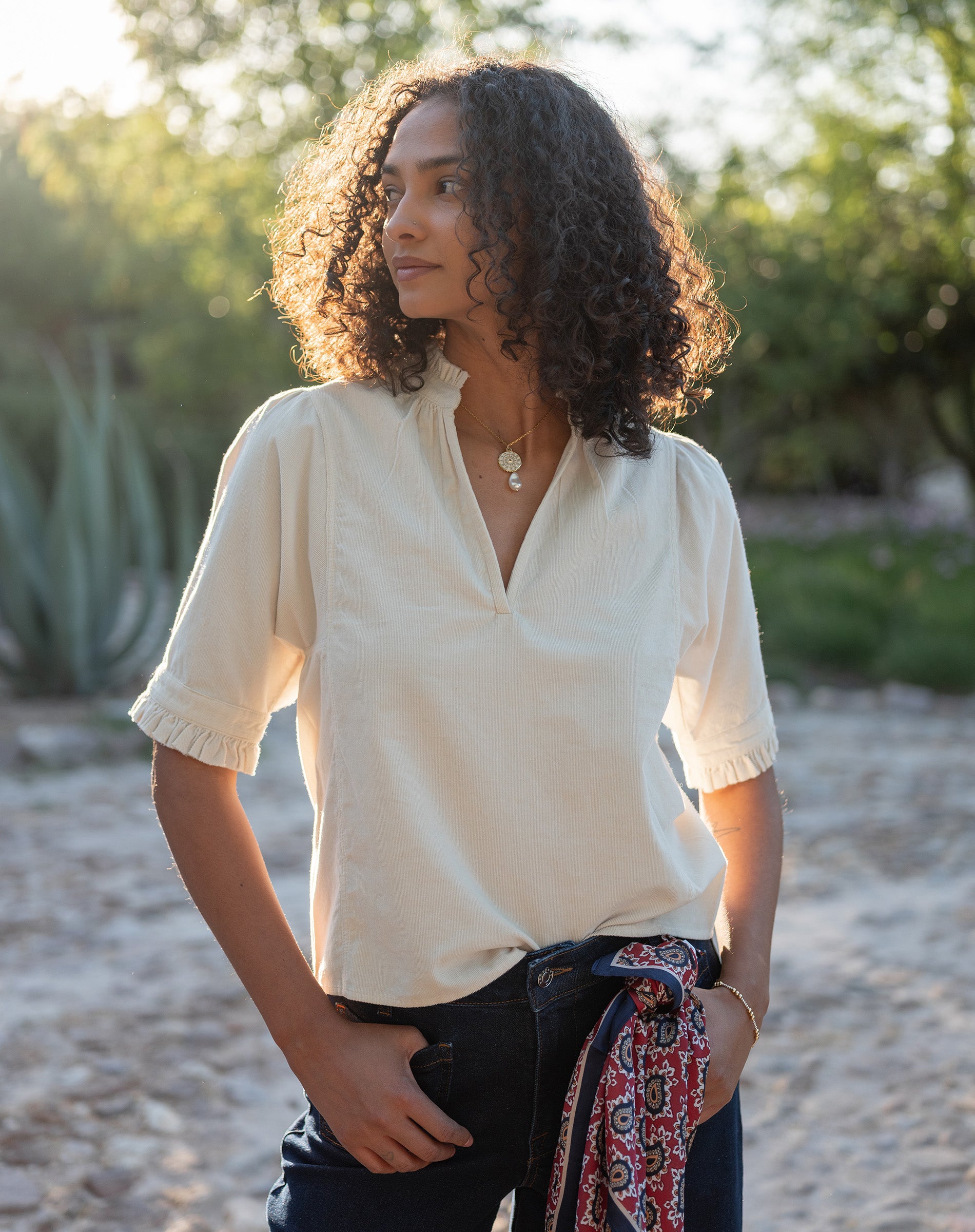 Women's Off White Baby Cord Vneck Short Sleeve Top