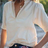 Women's Off White Baby Cord Vneck Short Sleeve Top