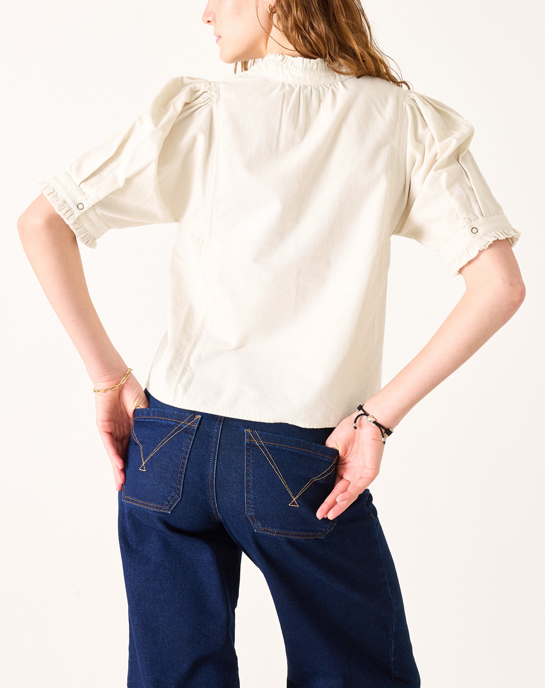 Women's Off White Baby Cord Vneck Short Sleeve Top