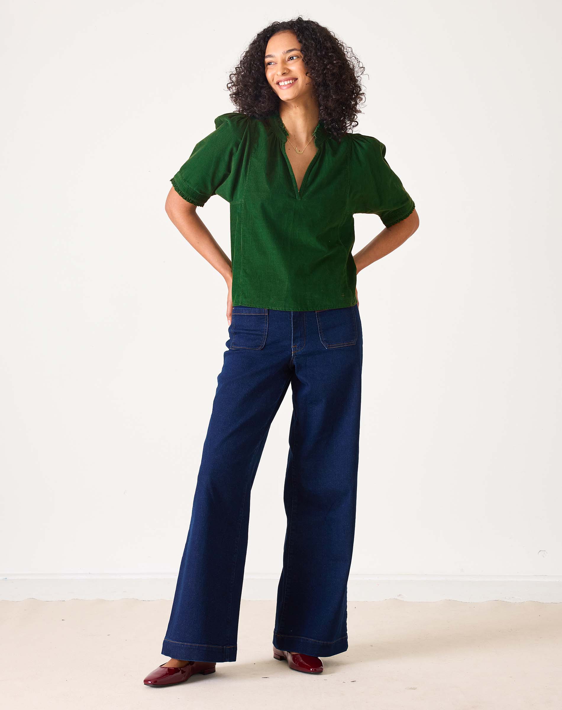 Women's Green Corduroy Short Sleeve