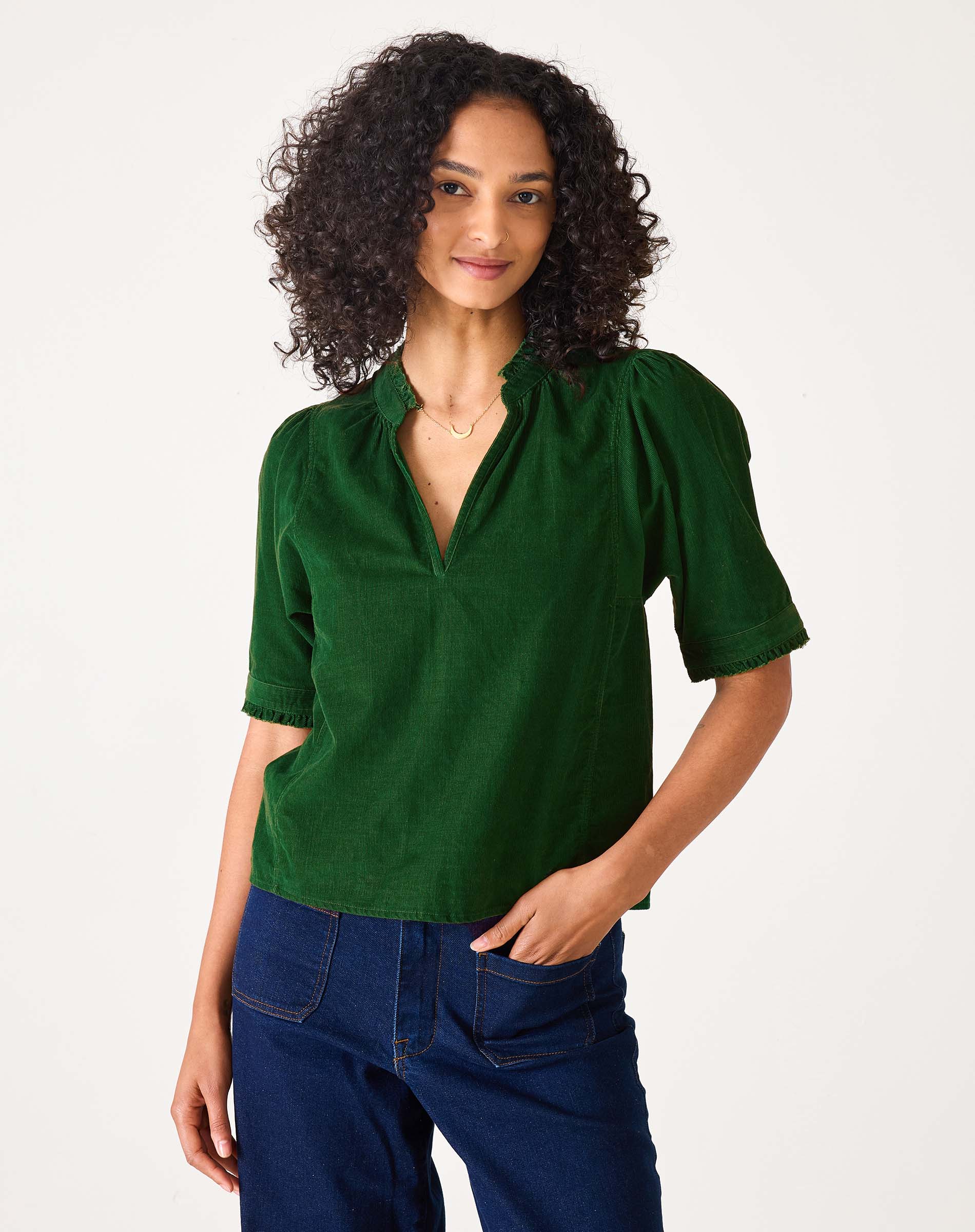 Women's Green Corduroy Short Sleeve