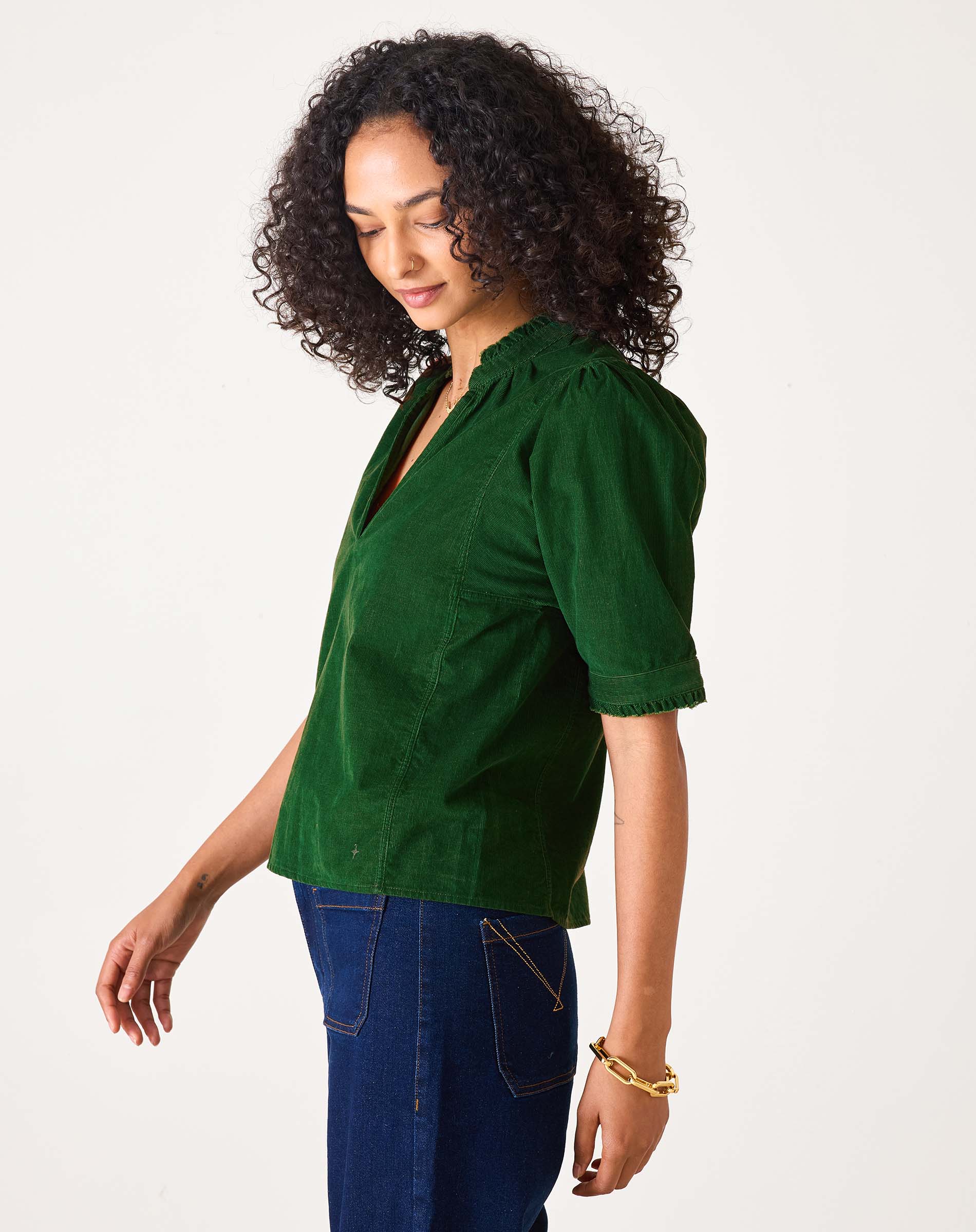 Women's Green Corduroy Short Sleeve