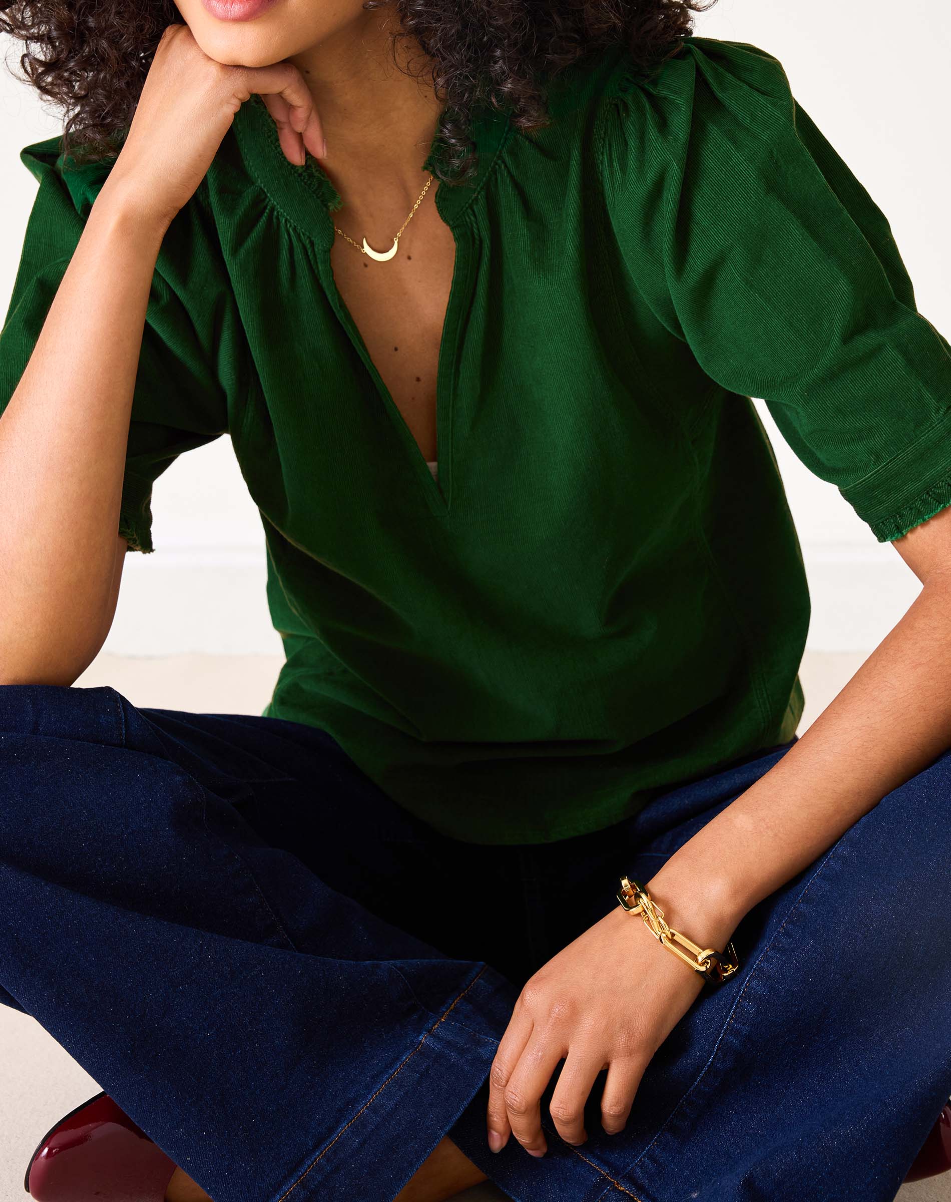 Women's Green Corduroy Short Sleeve