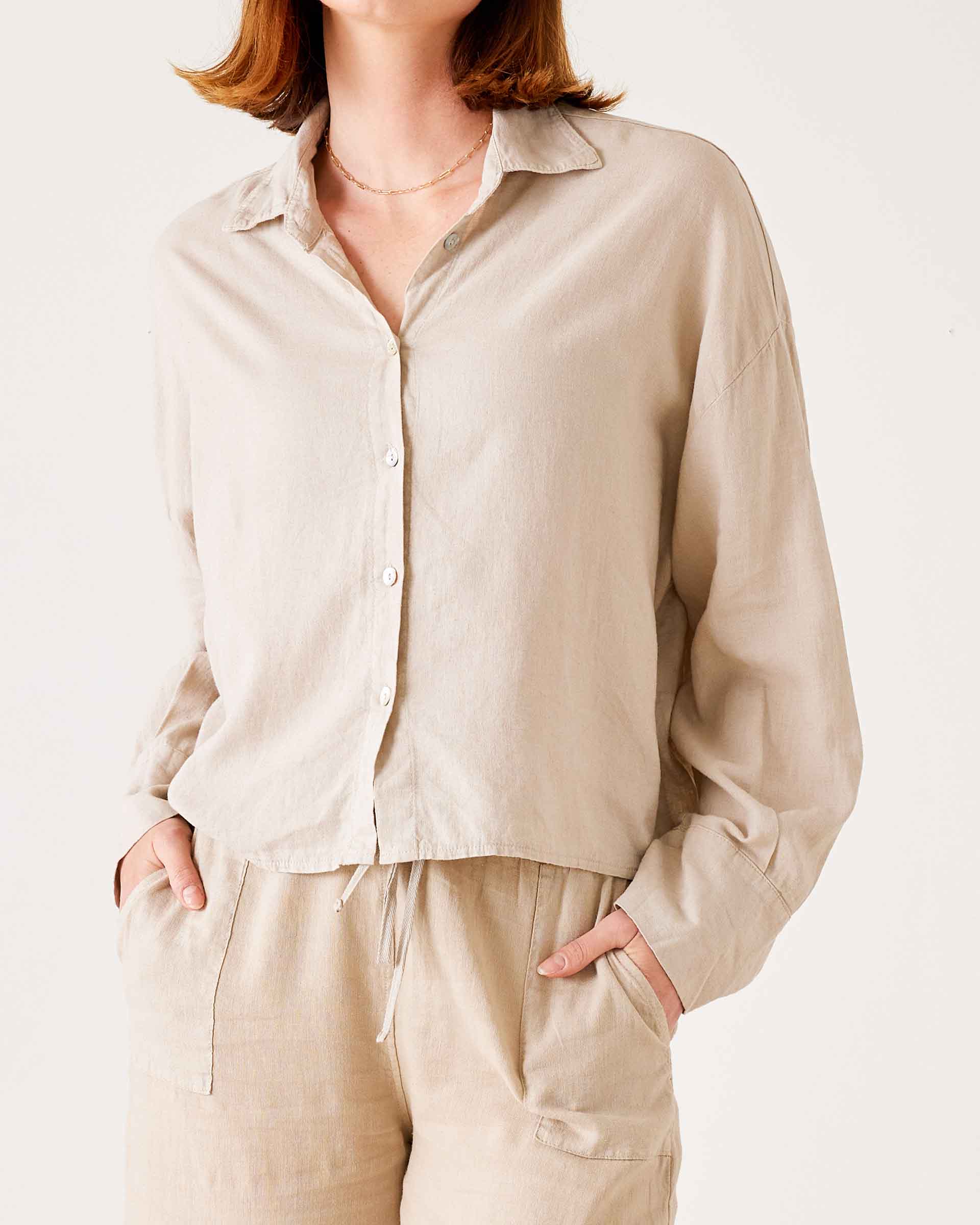 Women's Tan Linen Button Up Coverup