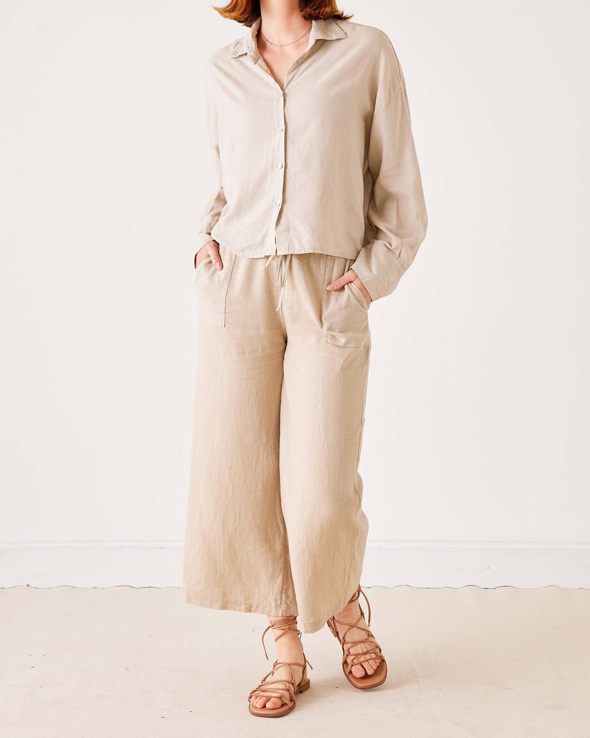 Women's Tan Linen Coverup Pants Adjustable Waistband