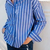 Tile blue striped cotton button-up shirt.