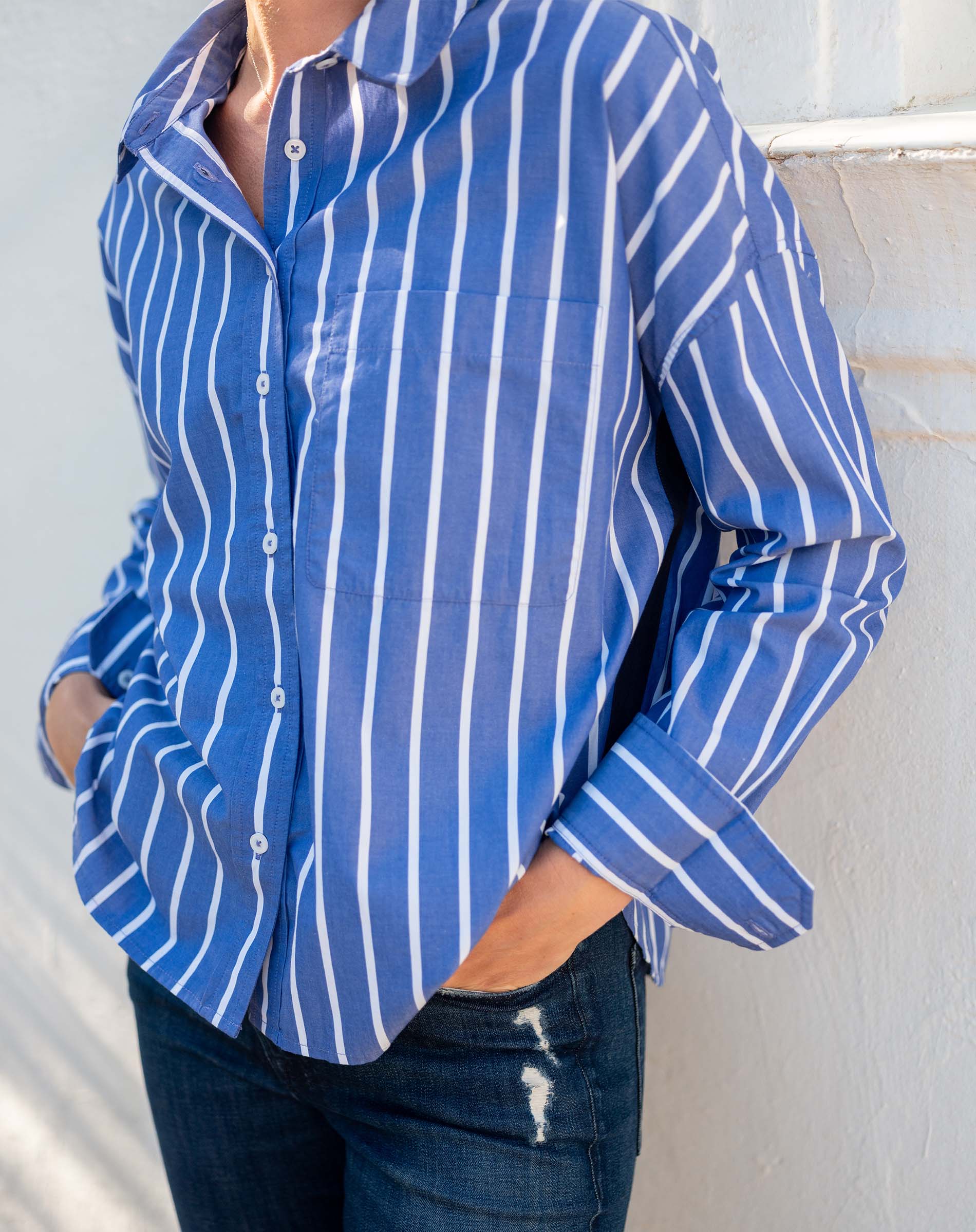 Tile blue striped cotton button-up shirt.