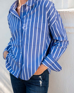 Tile blue striped cotton button-up shirt.