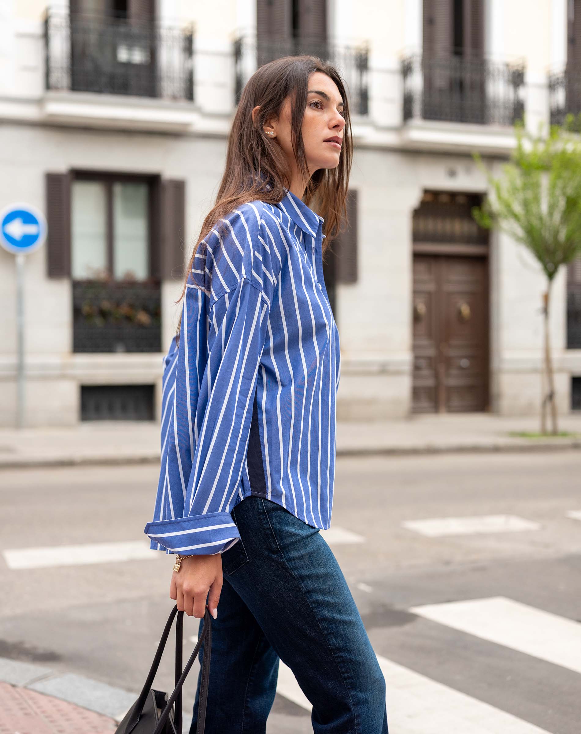 Tile blue striped button-down shirt in cotton blend.