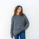 Women's Fall Cable Knit Crewneck Sweater with Buttons Down the Side