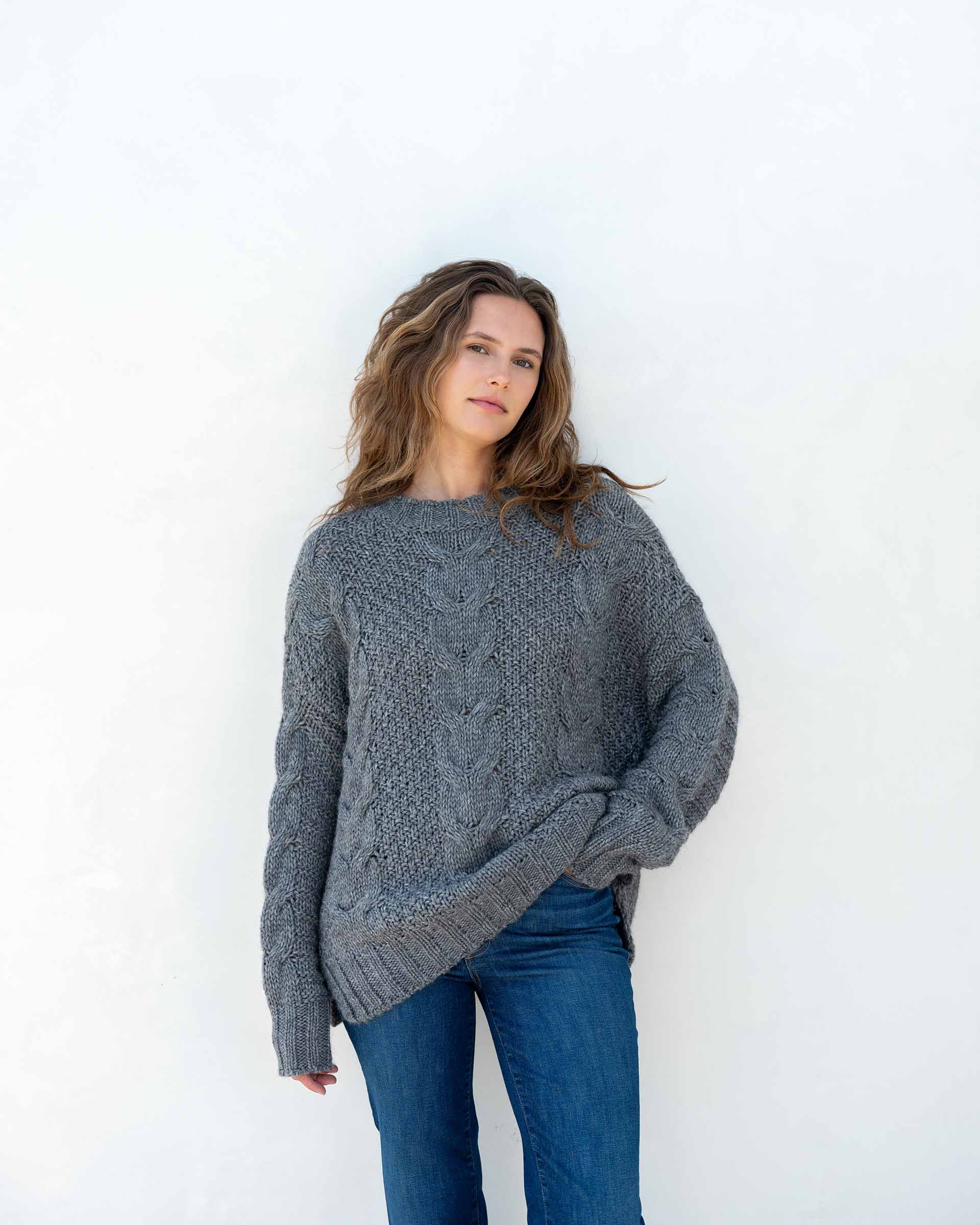 Women's Fall Cable Knit Crewneck Sweater with Buttons Down the Side