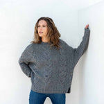 Women's Fall Cable Knit Crewneck Sweater with Buttons Down the Side