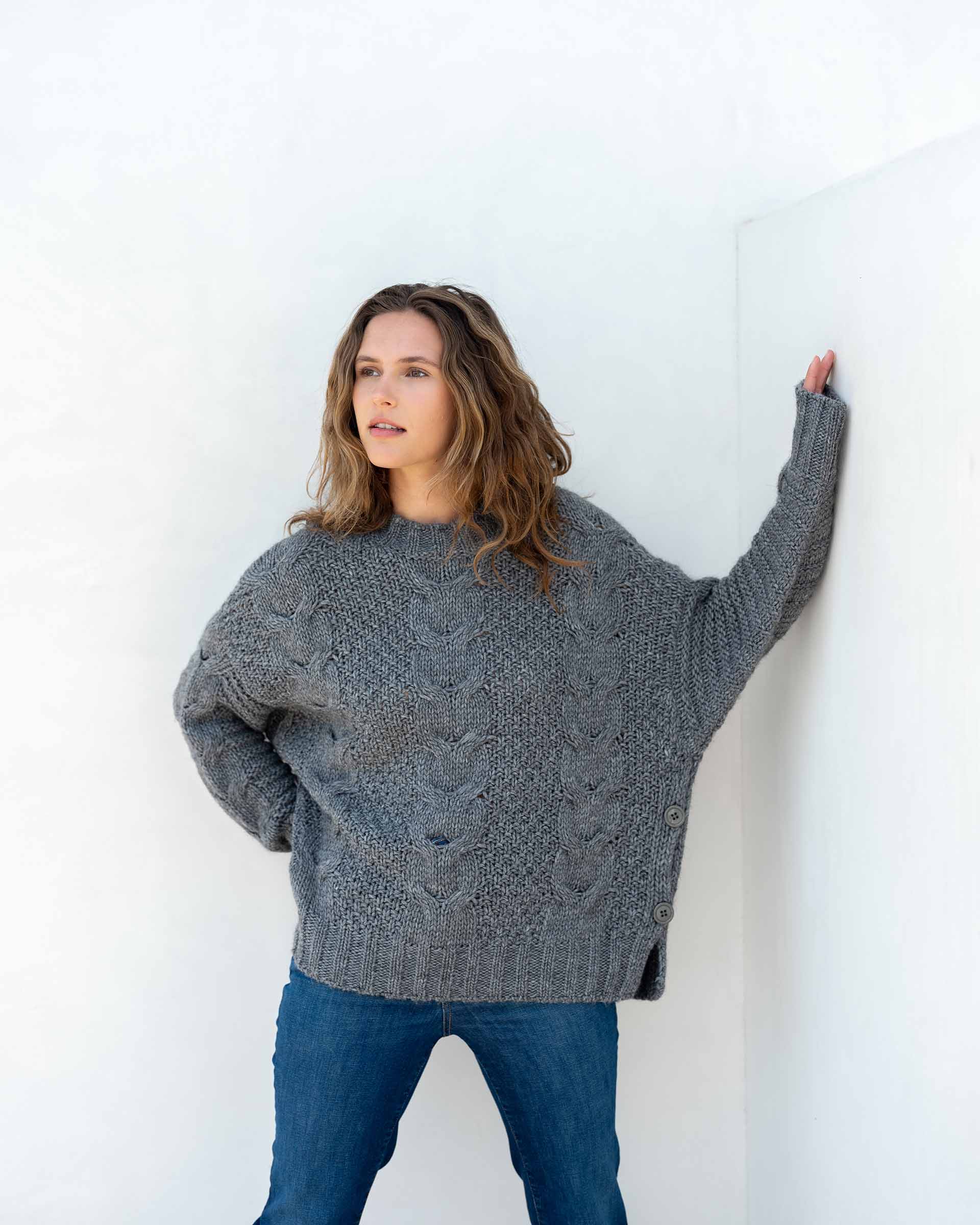 Women's Fall Cable Knit Crewneck Sweater with Buttons Down the Side