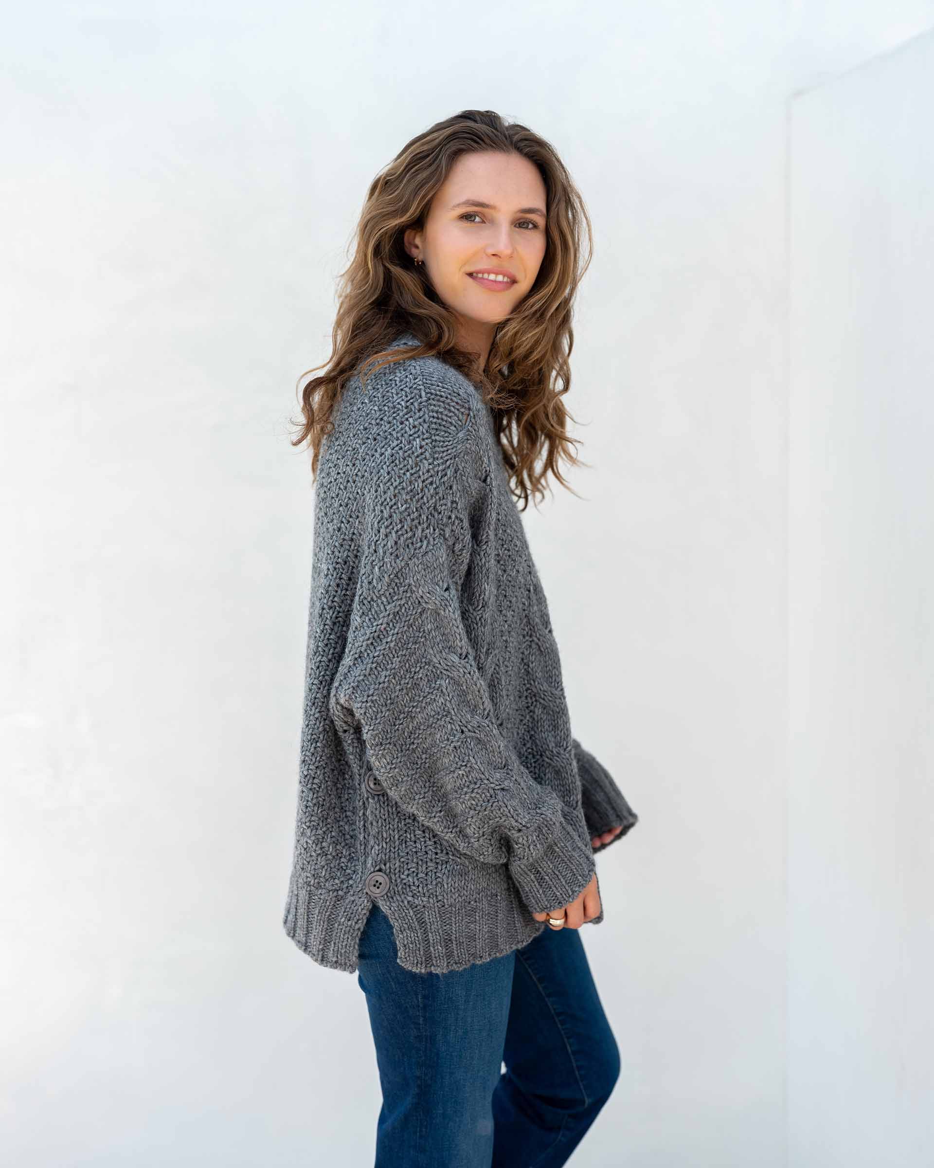 Women's Fall Cable Knit Crewneck Sweater with Buttons Down the Side