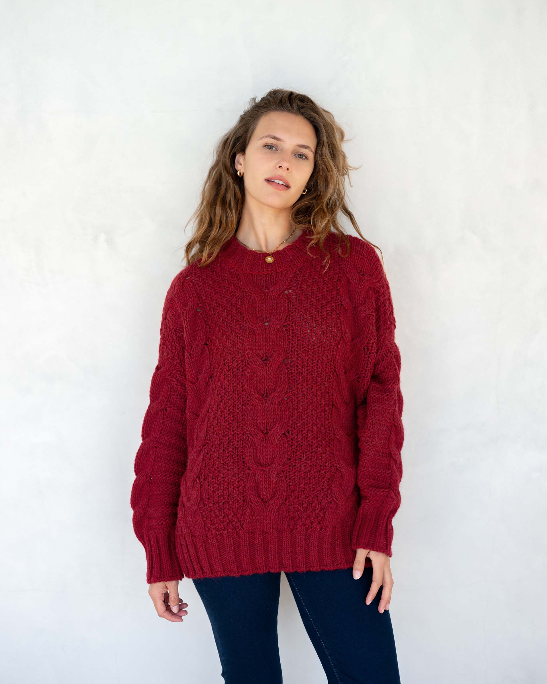 Women's Fall Cable Knit Crewneck Sweater with Buttons Down the Side