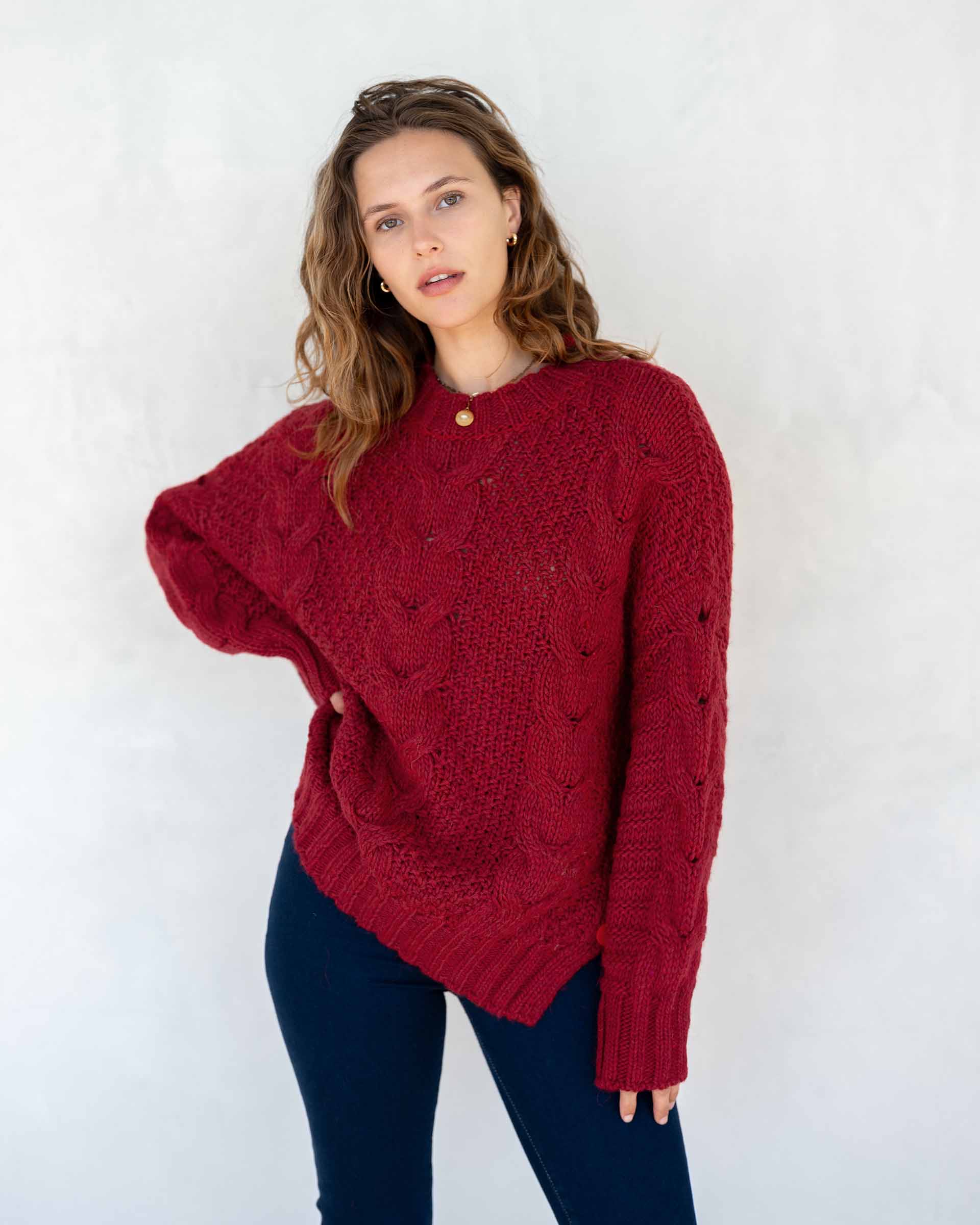 Women's Fall Cable Knit Crewneck Sweater with Buttons Down the Side