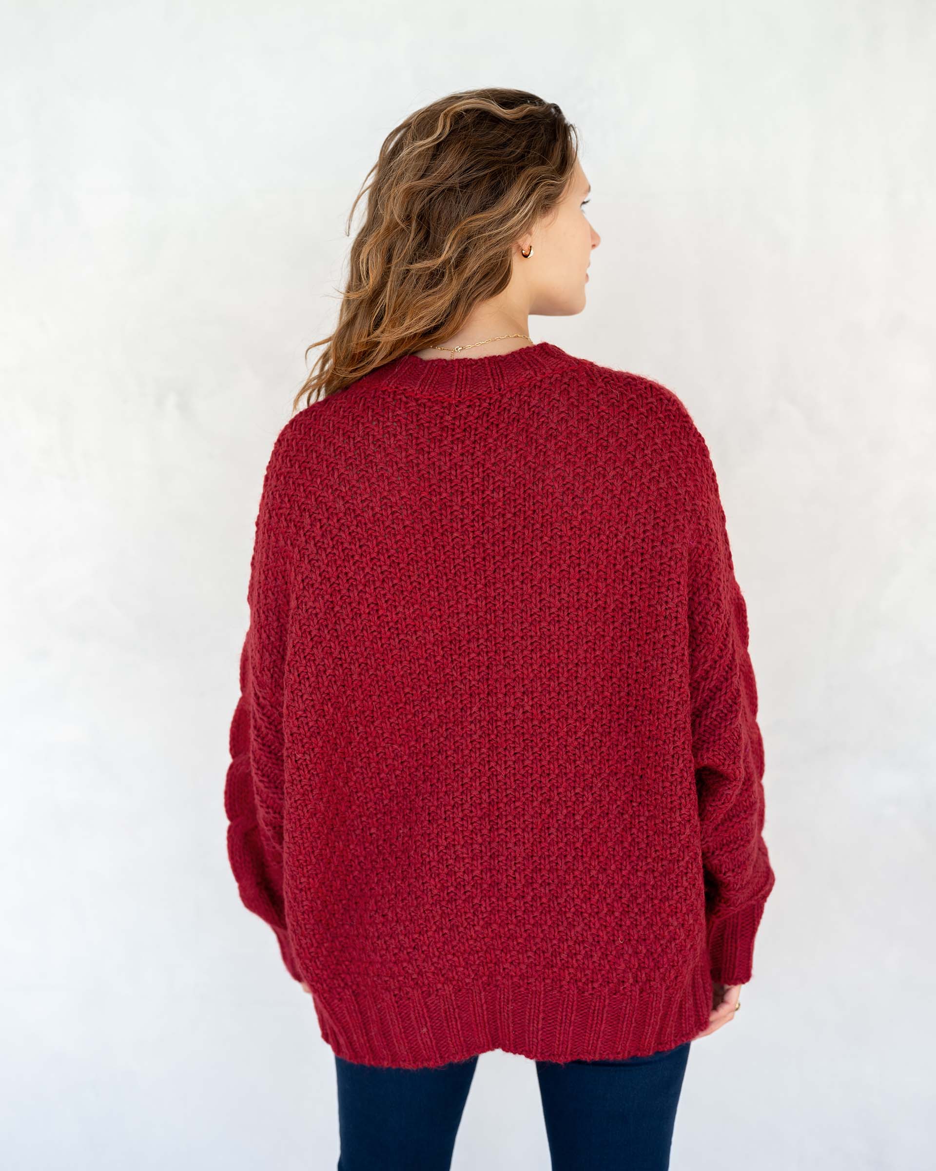 Women's Fall Cable Knit Crewneck Sweater with Buttons Down the Side