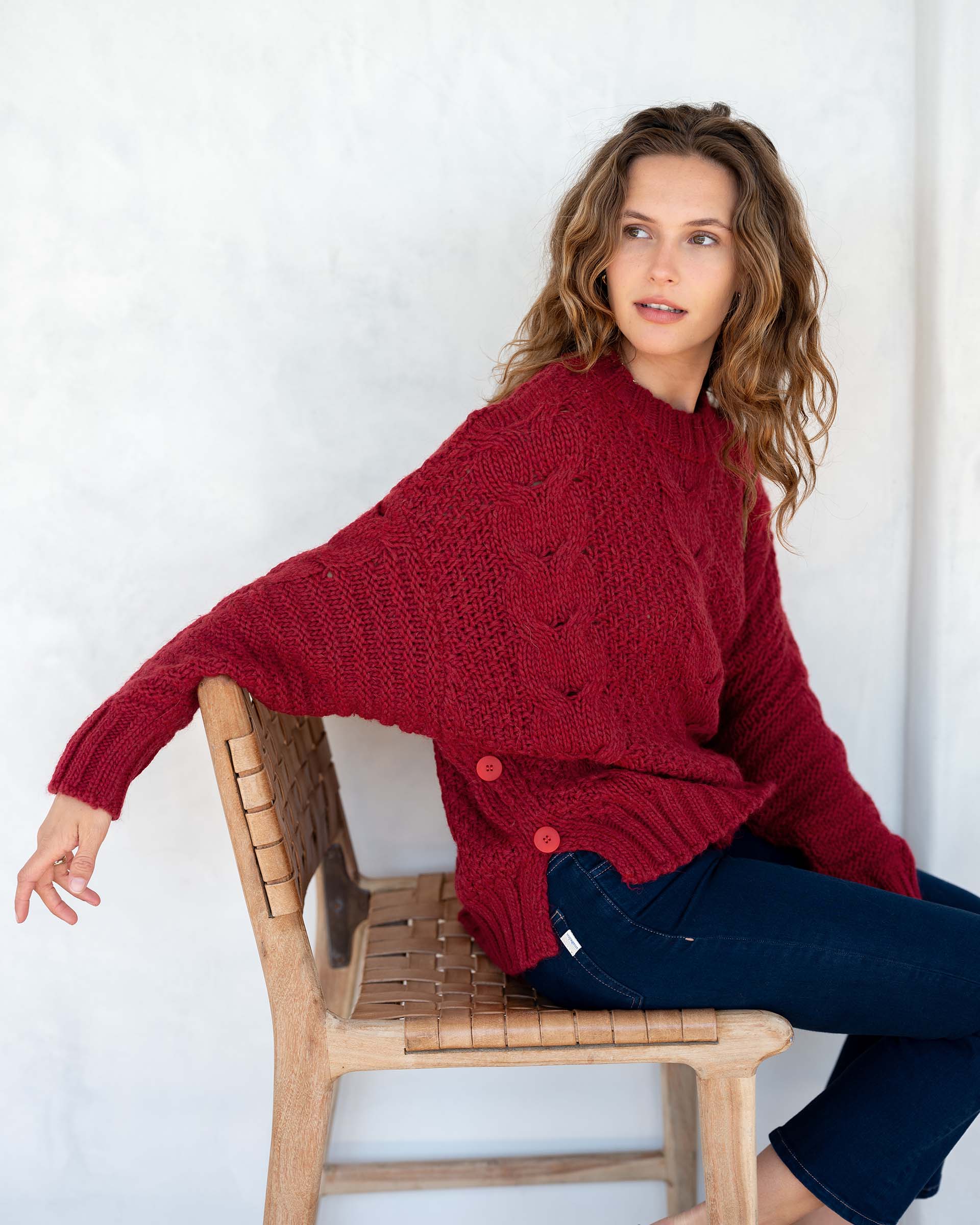 Women's Fall Cable Knit Crewneck Sweater with Buttons Down the Side