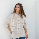 Women's Fall Cable Knit Crewneck Sweater with Buttons Down the Side