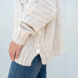 Women's Fall Cable Knit Crewneck Sweater with Buttons Down the Side