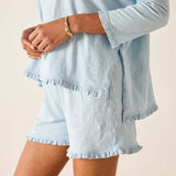Light blue denim outfit with shorts and jacket on a neutral background