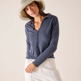 Atlas blue tailored long sleeve polo tee in a soft knit fabric.