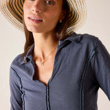 Atlas blue linen blend polo tee with ruffle detailing and buttoned placket