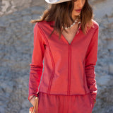 Cayenne red full-zip polo tee in a soft jersey knit.