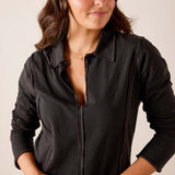 Graphite grey relaxed-fit jersey cotton polo tee with a buttoned collar and front zipper detail.