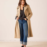 Khaki longline trench coat with belted waist and lapels.