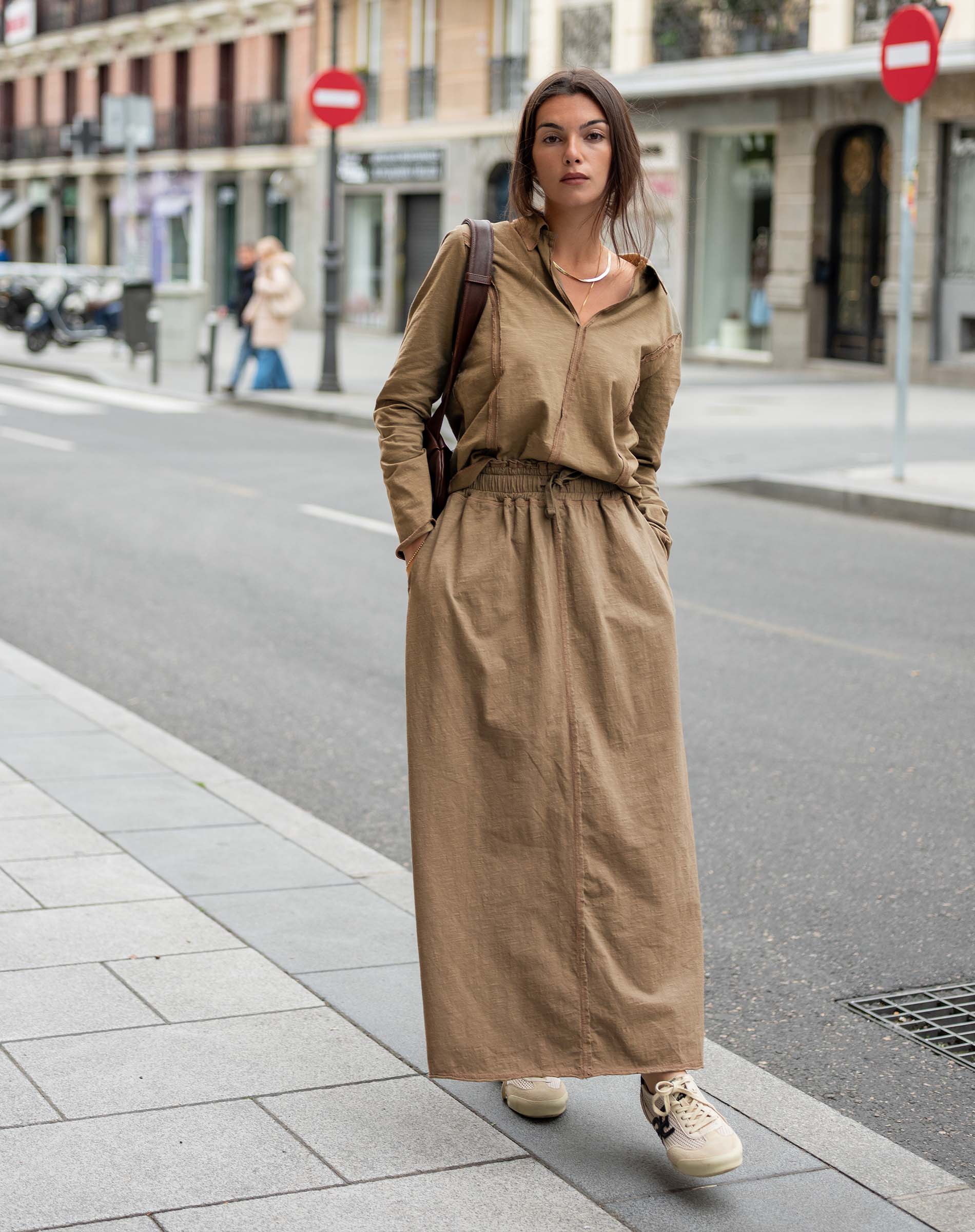 Nutmeg brown linen blend polo shirt and long skirt set.