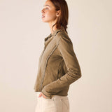 Nutmeg colored knit polo tee with a buttoned collar and zip front detail.