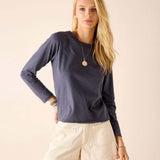 Navy blue raglan tee with long sleeves and a relaxed fit.