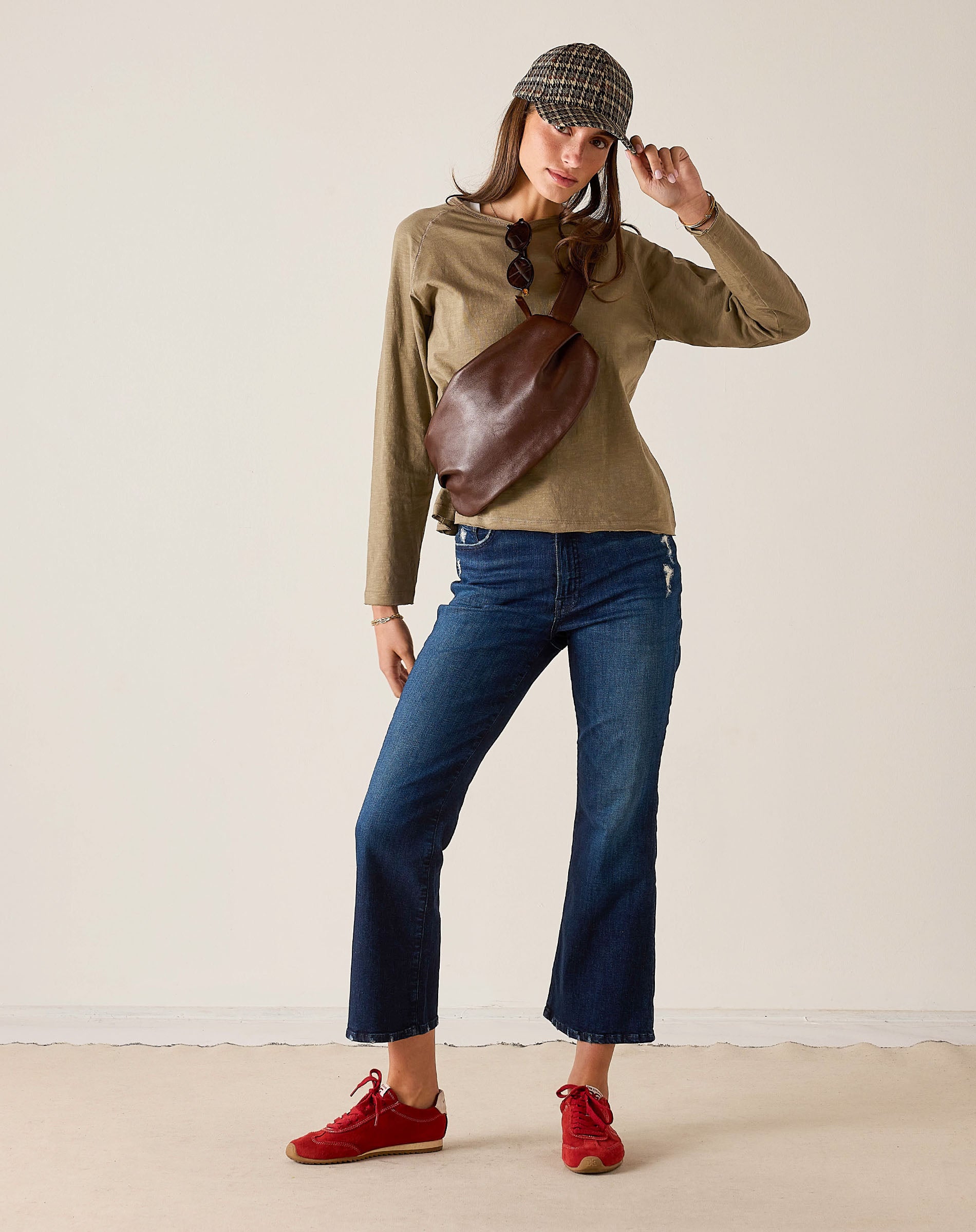 Ladies' travel-ready nutmeg colored raglan tee in a relaxed fit.